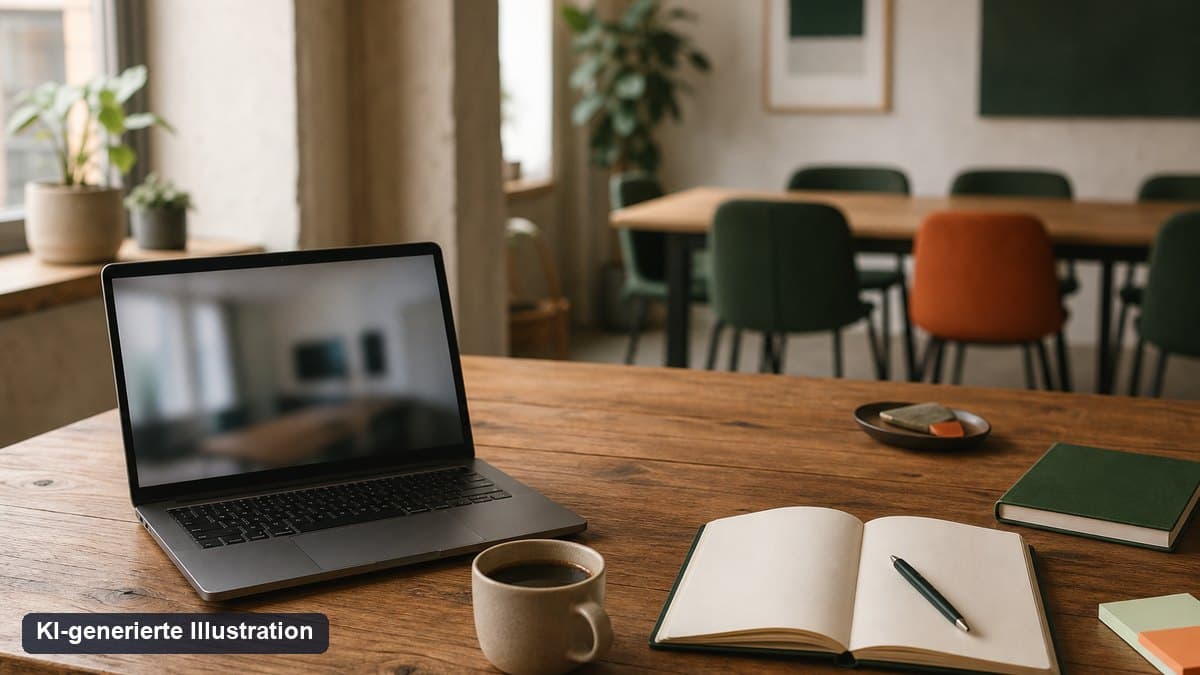 KI-generierte Illustration: Arbeitsplatz mit Laptop für Videocall und im Hintergrund ein Besprechungstisch