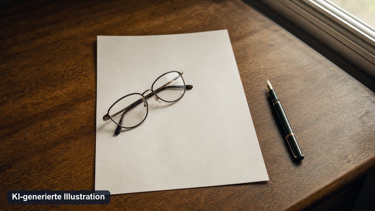 KI-generierte Illustration: Schreibtisch mit einem amtlichen Bescheid, einer Brille und einem Stift
