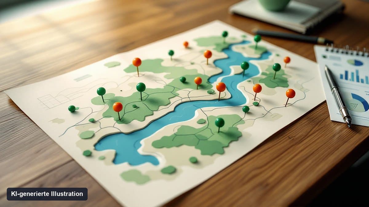 KI-generierte Illustration: Stilisierte Landkarte einer Flussregion mit Stecknadeln an mehreren Punkten, daneben Stift und Planungsunterlagen auf einem Schreibtisch