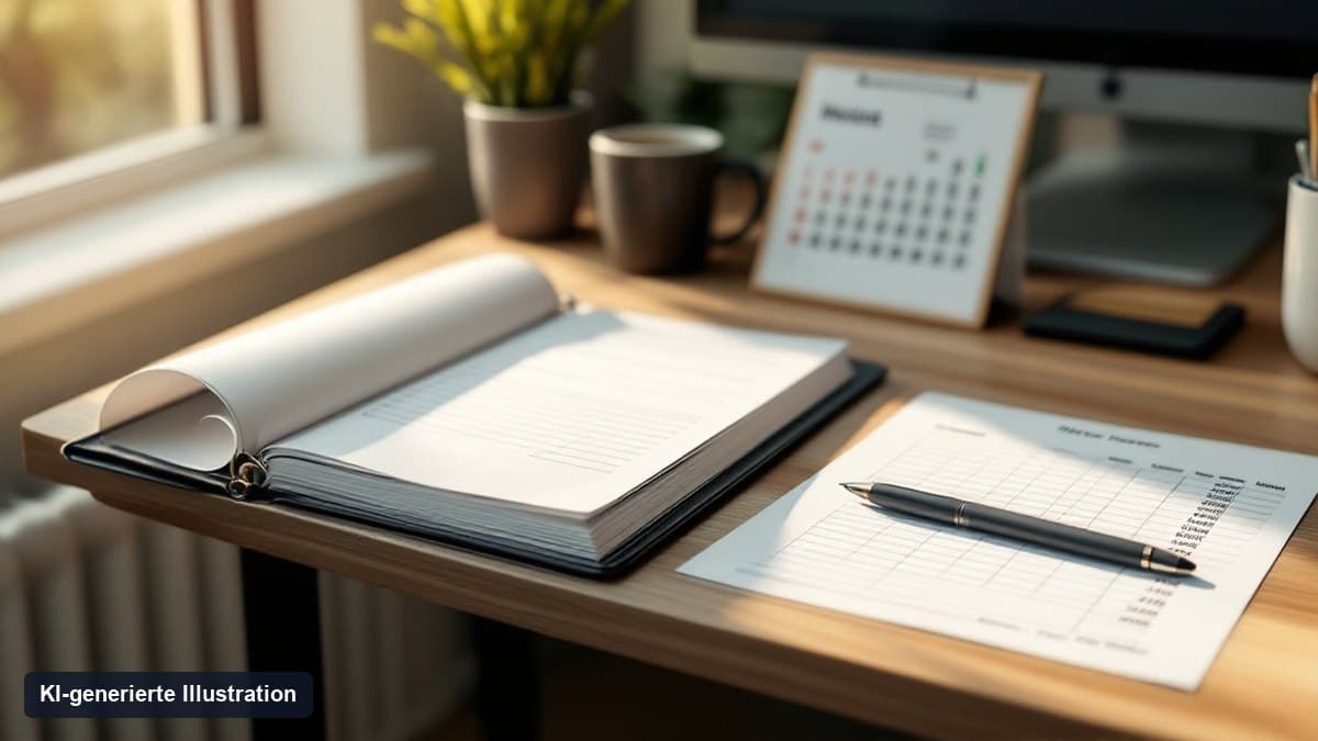 KI-generierte Illustration: Schreibtisch mit Kalender, Rechnungsordner und einer Übersicht der Einnahmen und Ausgaben als Sinnbild für den Nachweis der Geschäftstätigkeit