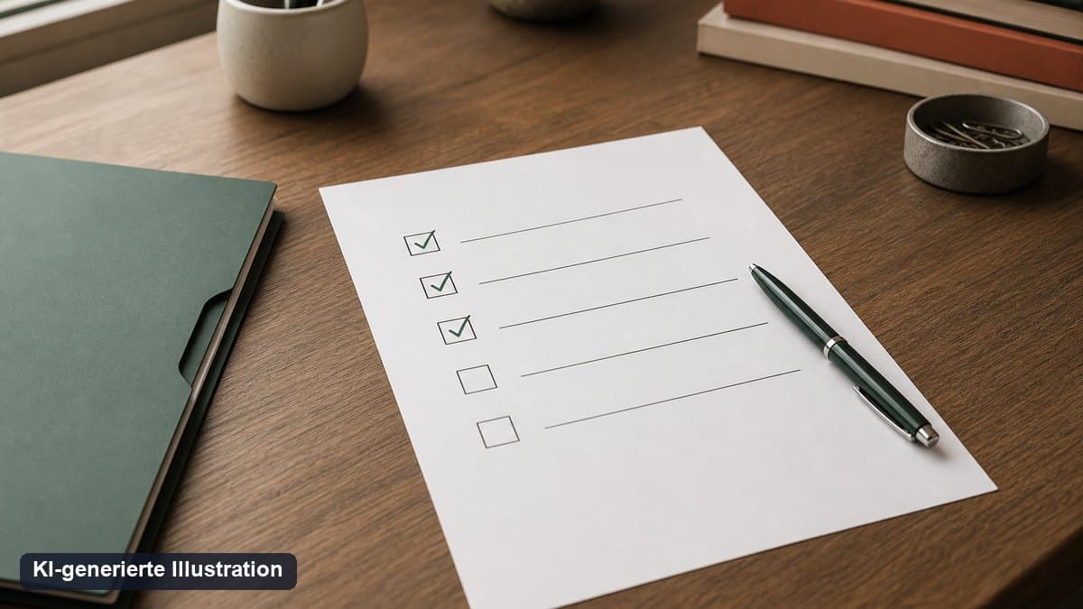 KI-generierte Illustration: Schreibtisch mit einer gedruckten Checkliste und einem Stift